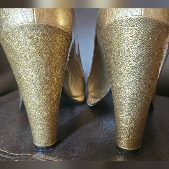 Marc Jacobs Gold Leather Peep Toe Bow Pumps Open Toe Chunky High Heels Size 37 6 - Picture 16 of 16